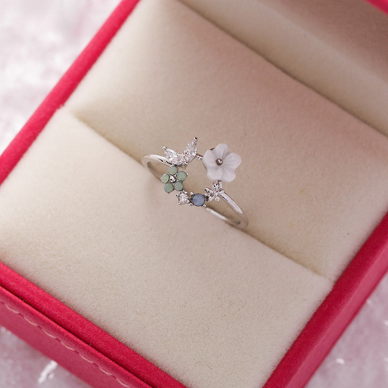 Korean Fashion Crystal Zircon Flower Adjustable Ring