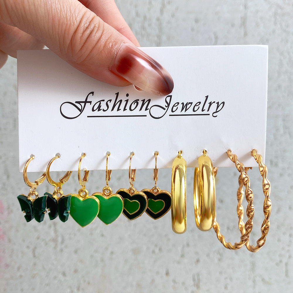Geometric Heart & Checkerboard Pattern Earrings Set - 6 Pairs