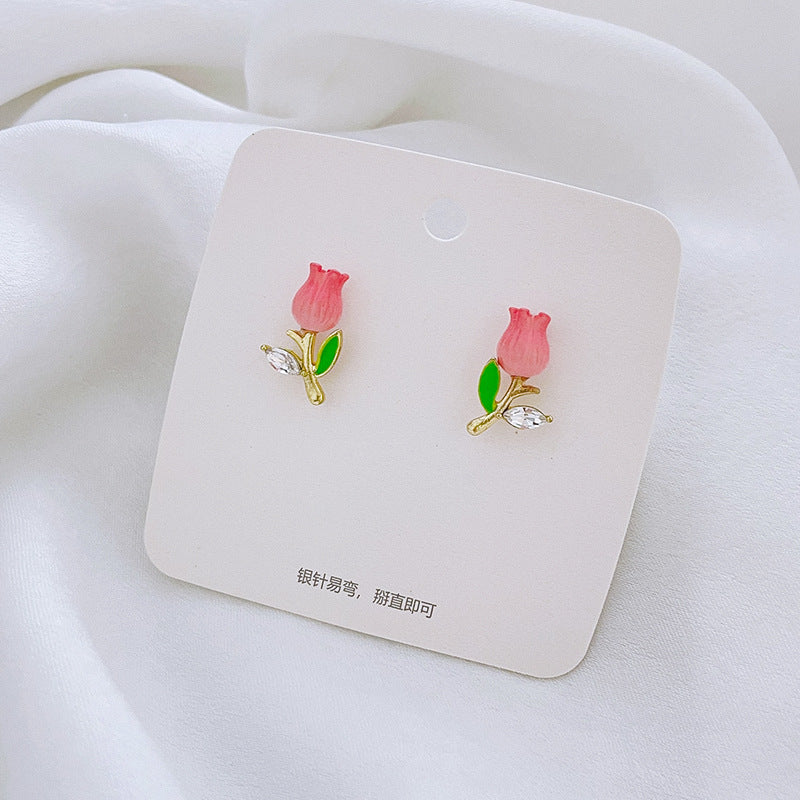 Fairy Leaf Flower Opal Zircon Earrings with Imitation Pearl and Green Tulip Tassel Design