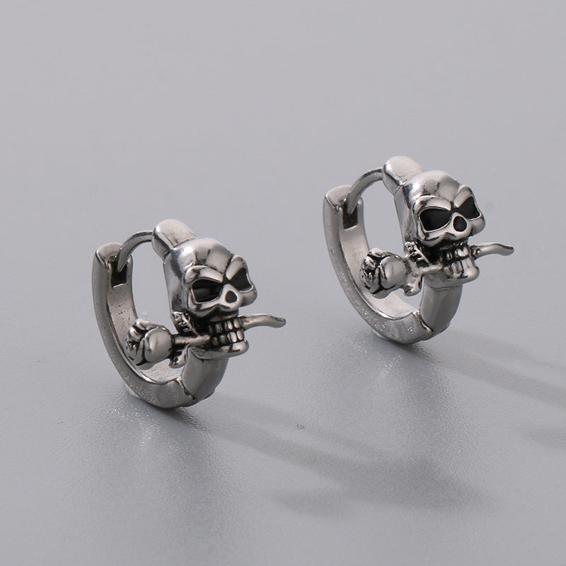 1 Pair Gothic Punk Skull Cross Sword Zircon Stainless Steel Earrings