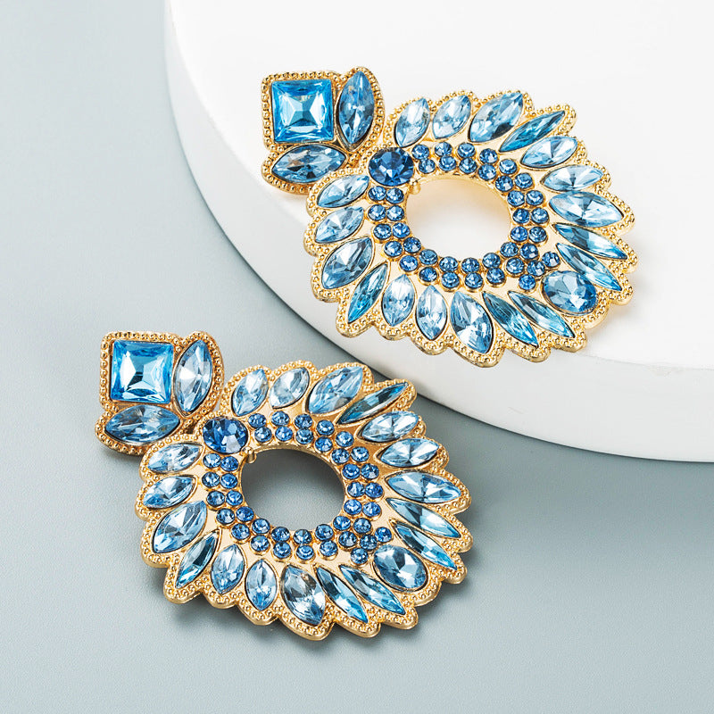 Geometric Flower Rhinestone Inlaid Pendant Earrings