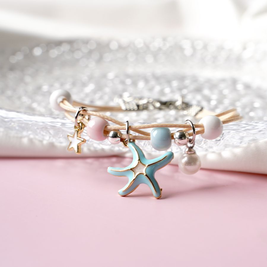 Sweet Starfish Flower Alloy Bracelet with Artificial and Freshwater Pearls for Women