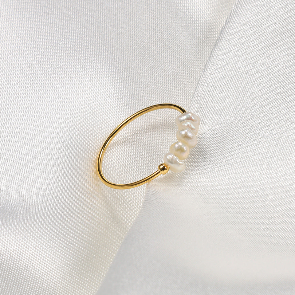 Simple Geometric Freshwater Pearl Titanium Steel Ring