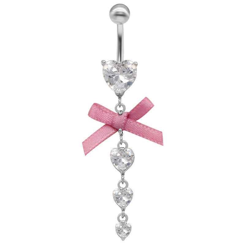 Hawaiian Tropical Heart Bow Knot Belly Ring with Zircon Inlay - Stainless Steel & White Gold Plated