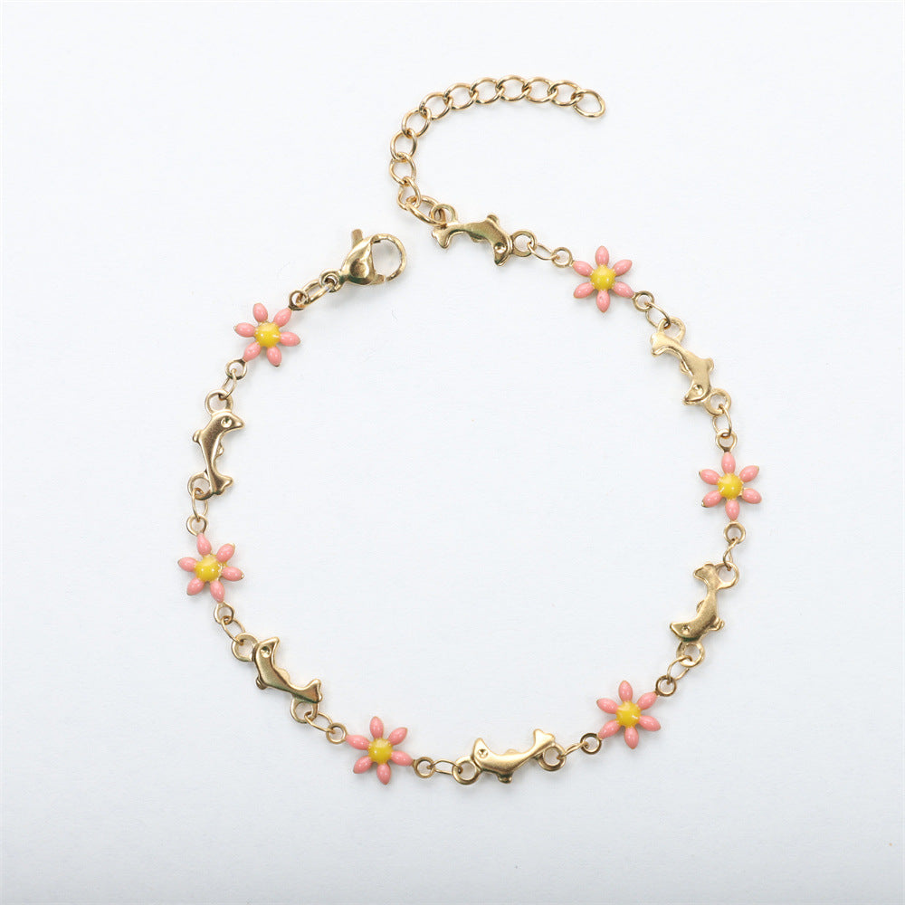 Daisy Dolphin Stainless Steel Bracelet Set with Colorful Enamel and 18k Gold Plating