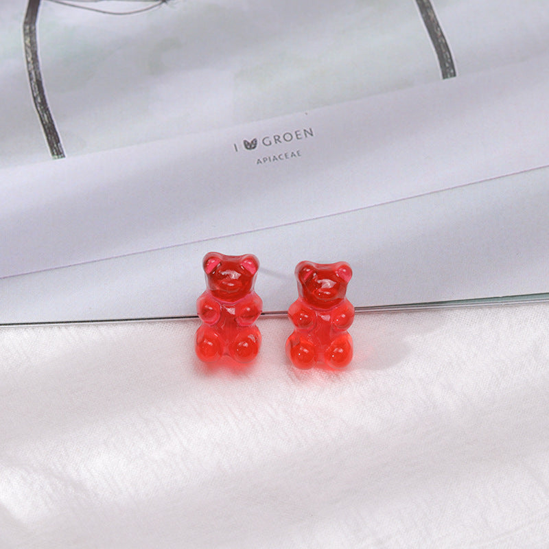 1 Pair Cartoon Bear Resin Rings and Candy Color Bear Stud Earrings for Women
