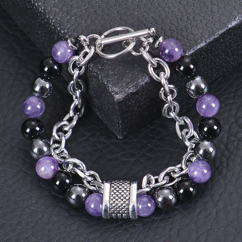 Geometric Natural Stone Lava Bead Stainless Steel Double Layer Bracelet
