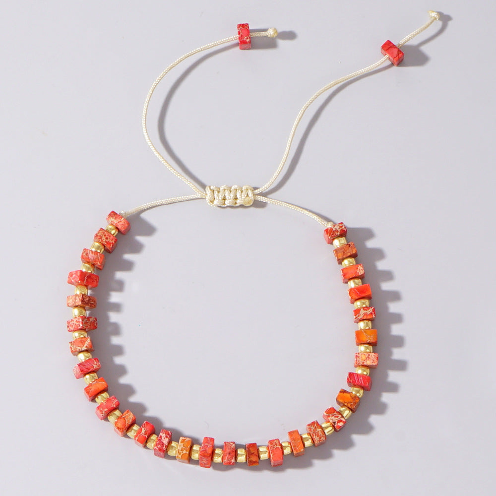 Minimalist Color Block Semi-Precious Stone Bracelet with Vintage Gold Beads