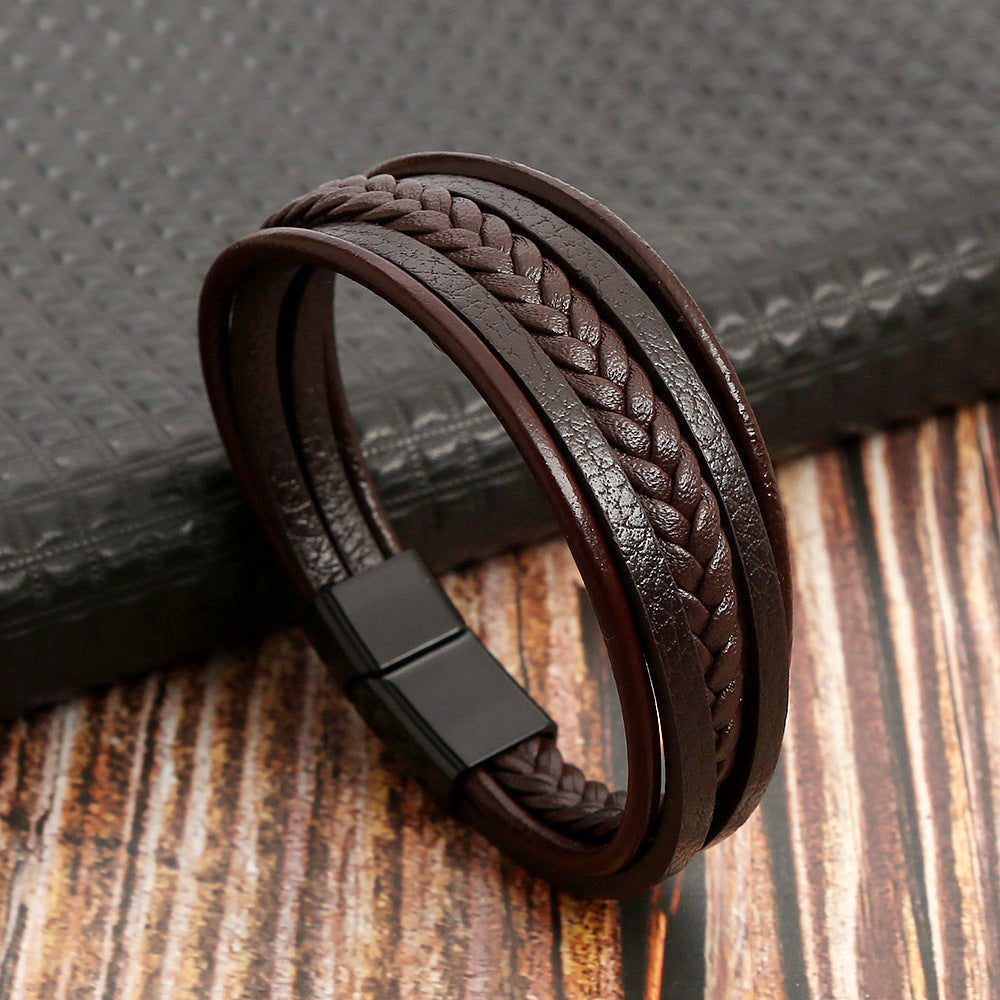 Retro Multilayer Leather Bracelet with Magnetic Buckle for Men
