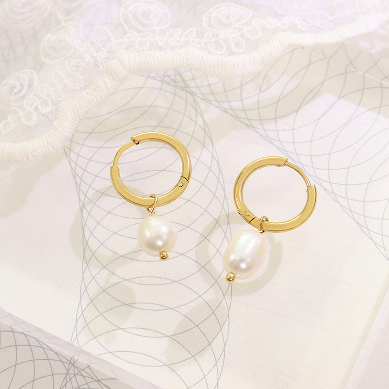 Retro Freshwater Pearl 18K Gold Plated Titanium Steel Hoop Drop Earrings
