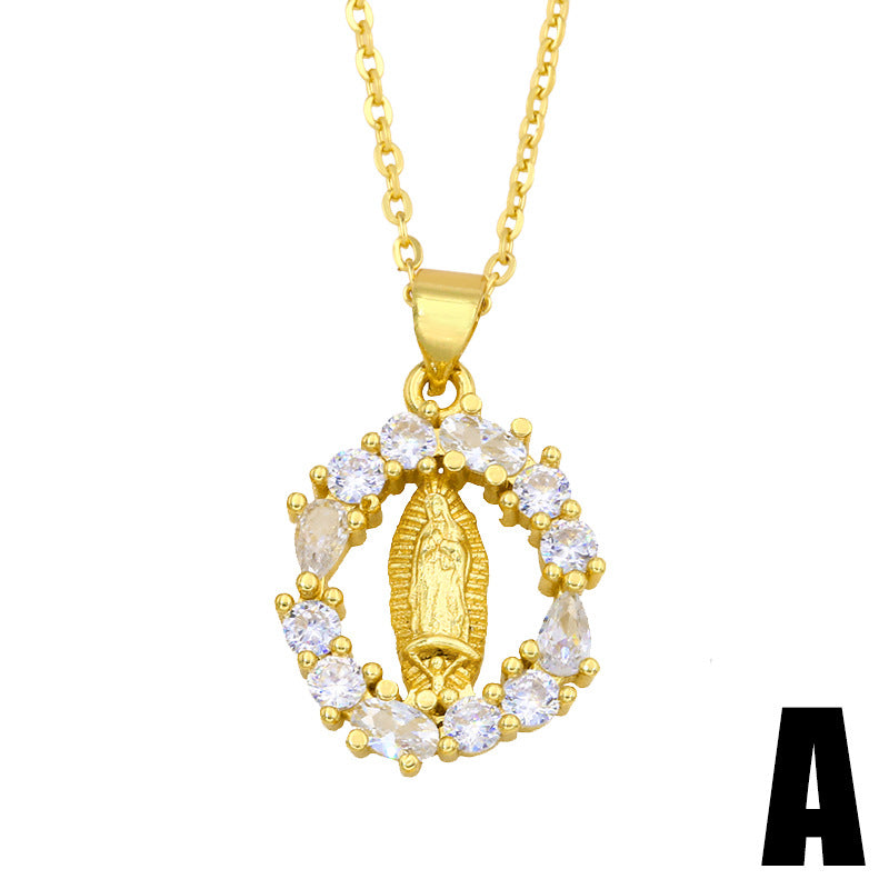 Micro-inlaid Zircon Virgin Mary Heart Pendant Copper Necklace