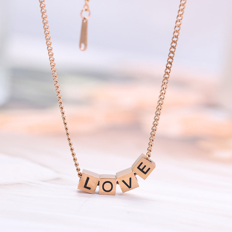 Heart Shape Titanium Steel Shell Zircon Pendant & Vintage Love Letter Block Necklace