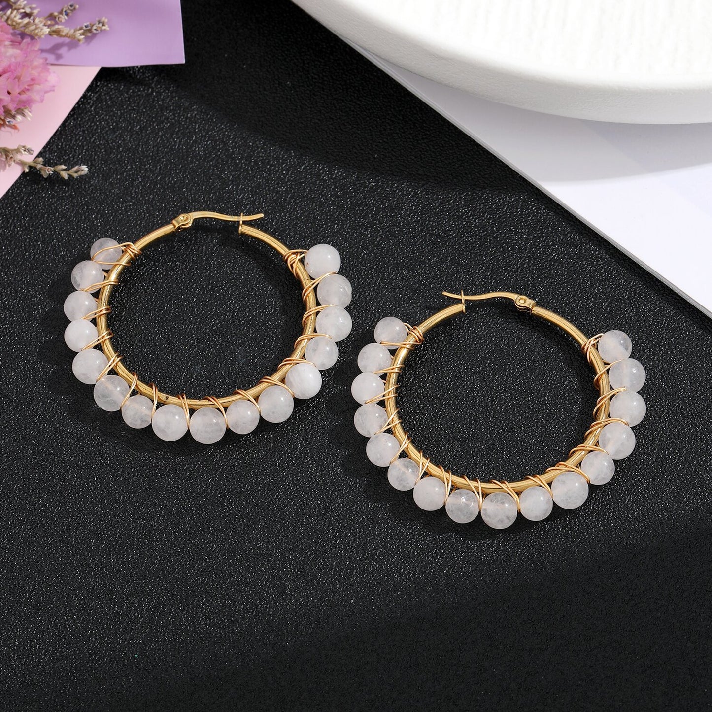 Retro Geometric Stainless Steel Natural Stone Beaded Hoop Earrings