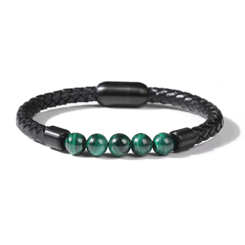Fashion Circle PU Leather & 8mm Tiger Eye Stone Beaded Men's Bracelet with Magnetic Clasp