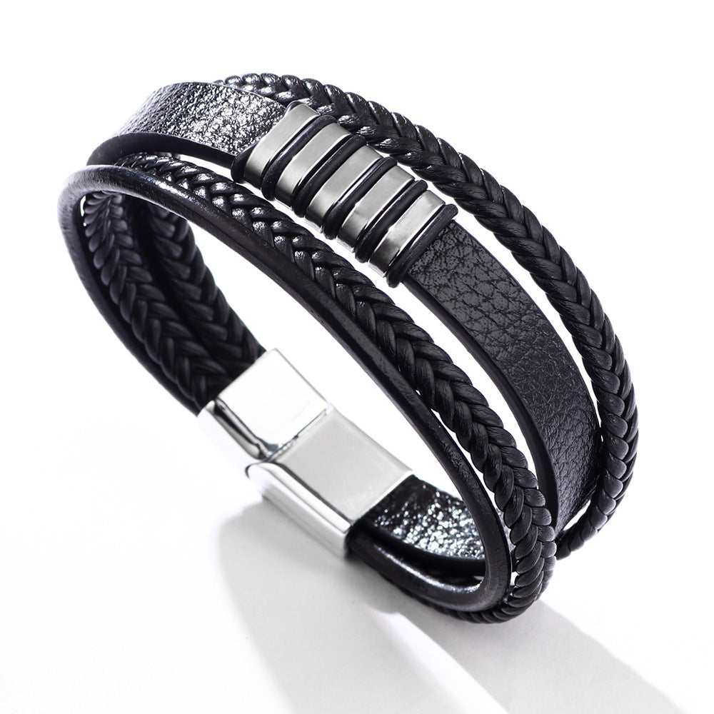 Wholesale Hip-Hop Oval Stainless Steel Leather Multi-Layer Magnetic Clasp Bracelet