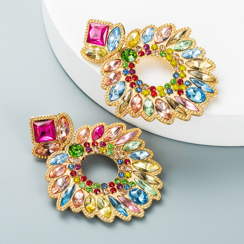 Geometric Flower Rhinestone Inlaid Pendant Earrings