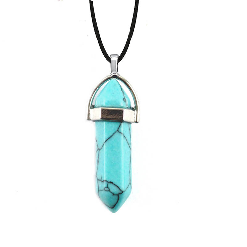 Hexagon Prism Natural Stone Leather Rope Necklace with Quartz Point Pendant