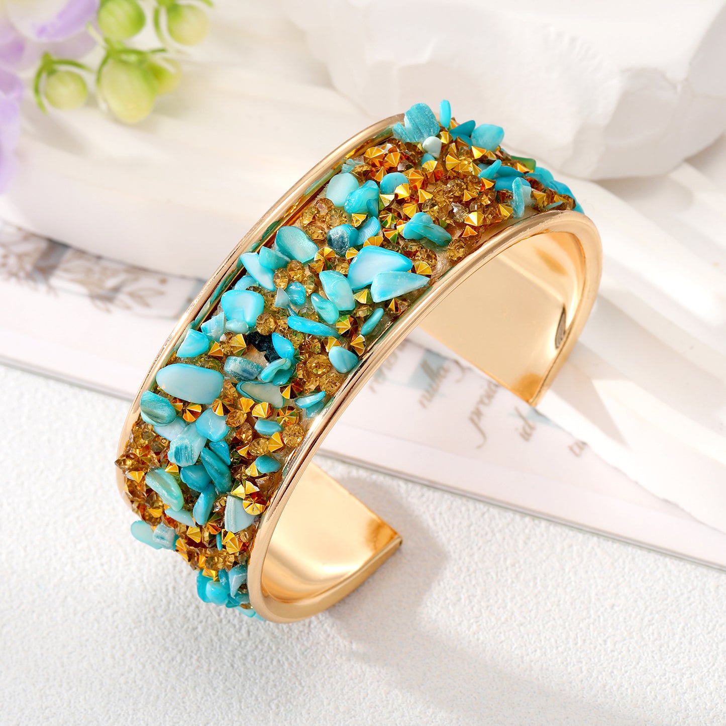 Retro Bohemian Colorful Stone Alloy Plated Bangle Bracelet