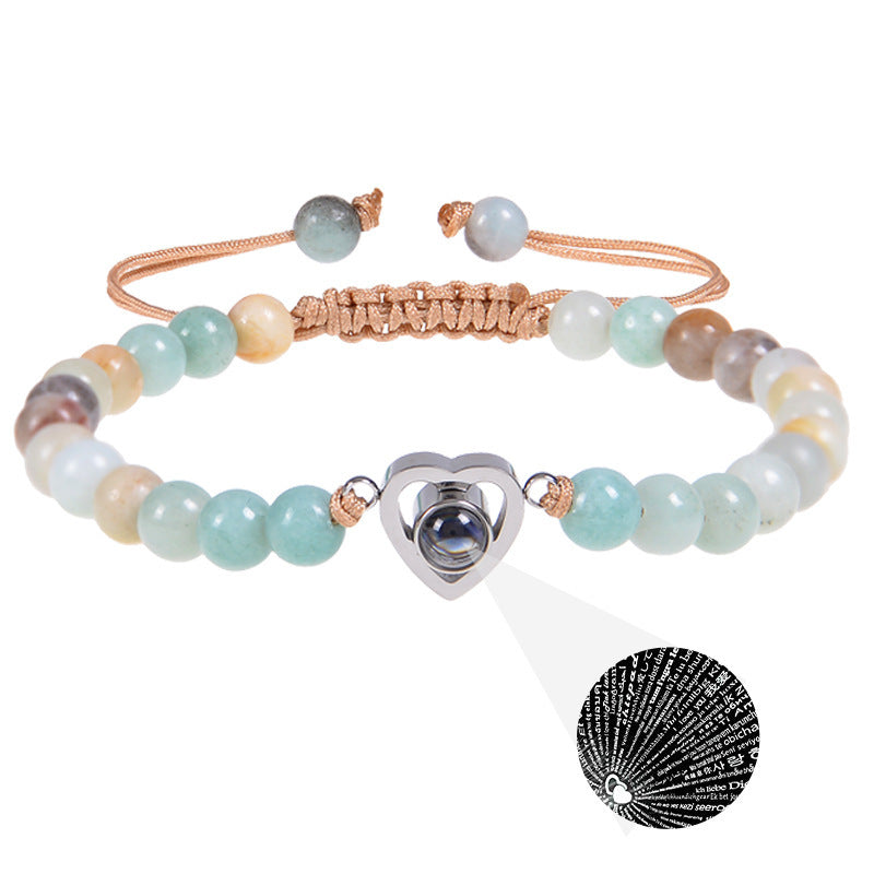 Romantic Heart Shape Natural Stone Projection Bracelets with Pink Crystal Beads
