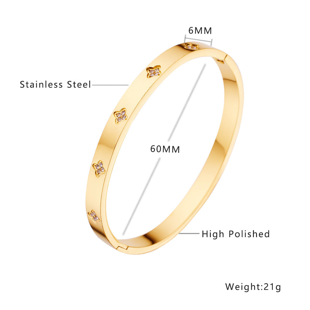Simple Heart Shape Diamond Gold-Plated Titanium Steel Bangle Bracelet