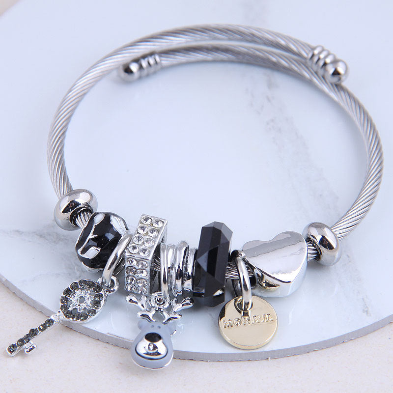 Fashion Metal Flash Diamond Bear & Fruit Charm Bracelet
