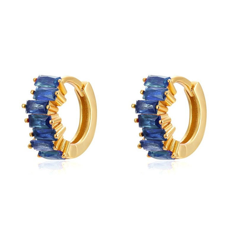 S925 Silver Needle Rectangular Zircon Stud Earrings with Colorful Zircon Hoop Design