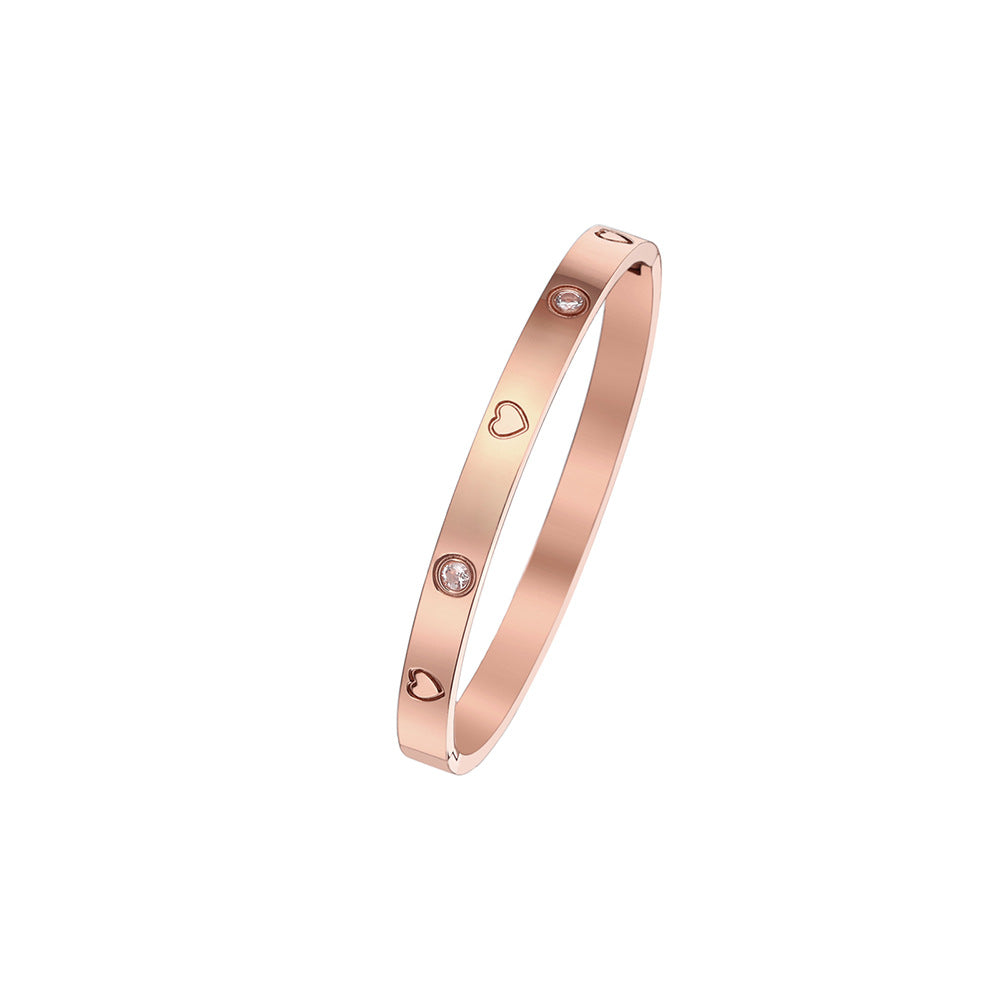 Simple Heart Shape Diamond Gold-Plated Titanium Steel Bangle Bracelet