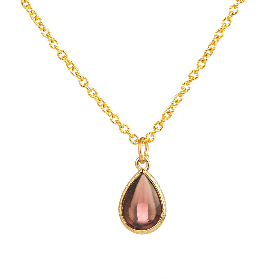 Simple Crystal Water Drop Pendant Titanium Steel Necklace for Women