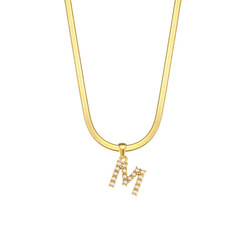 Elegant Letter Pendant Necklace with 18K Gold Plated Snake Chain and Artificial Pearls