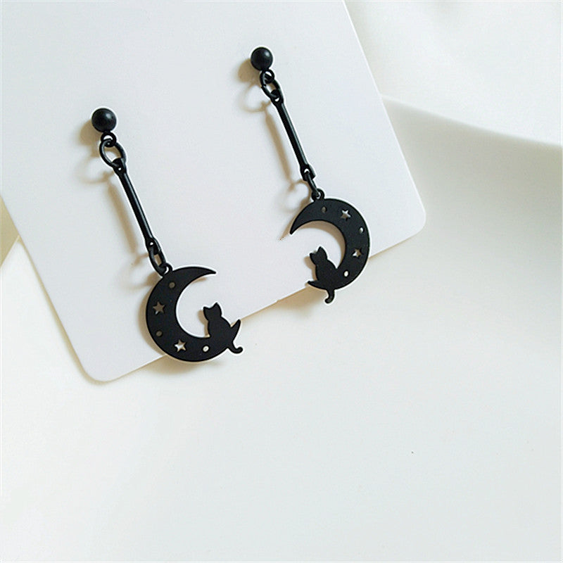 Moon Cat Dangle Earrings with Silver Needle Clip-On Option