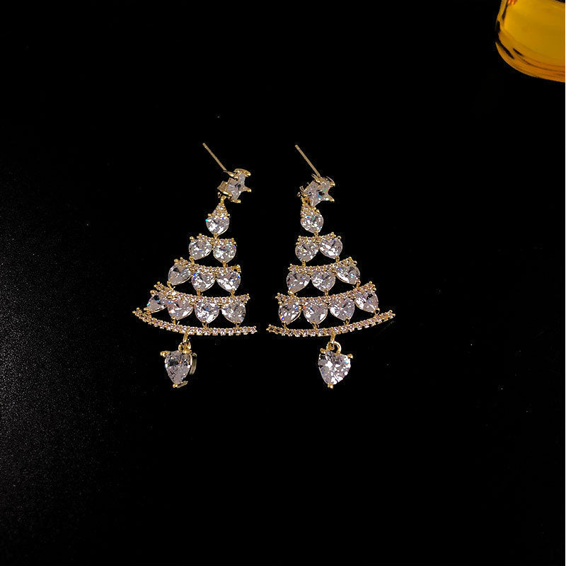 Fashion Rotatable Christmas Tree Snowflake Zircon Stud Earrings in 925 Silver