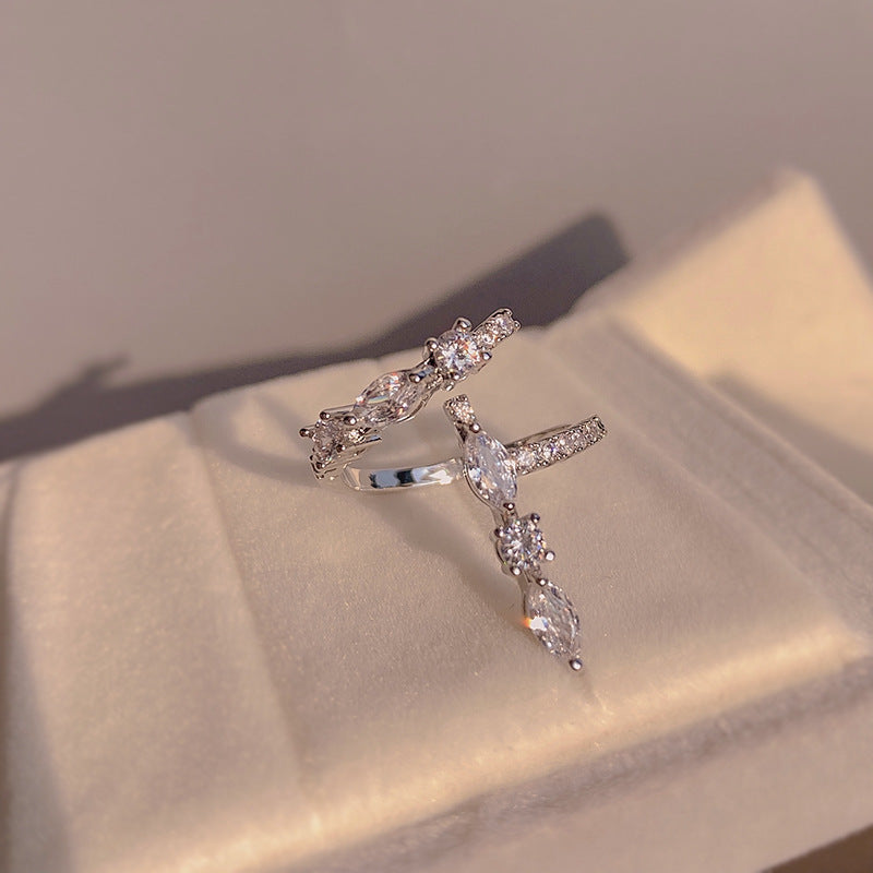 Fashion Leaf Zircon Adjustable Open Ring for Women