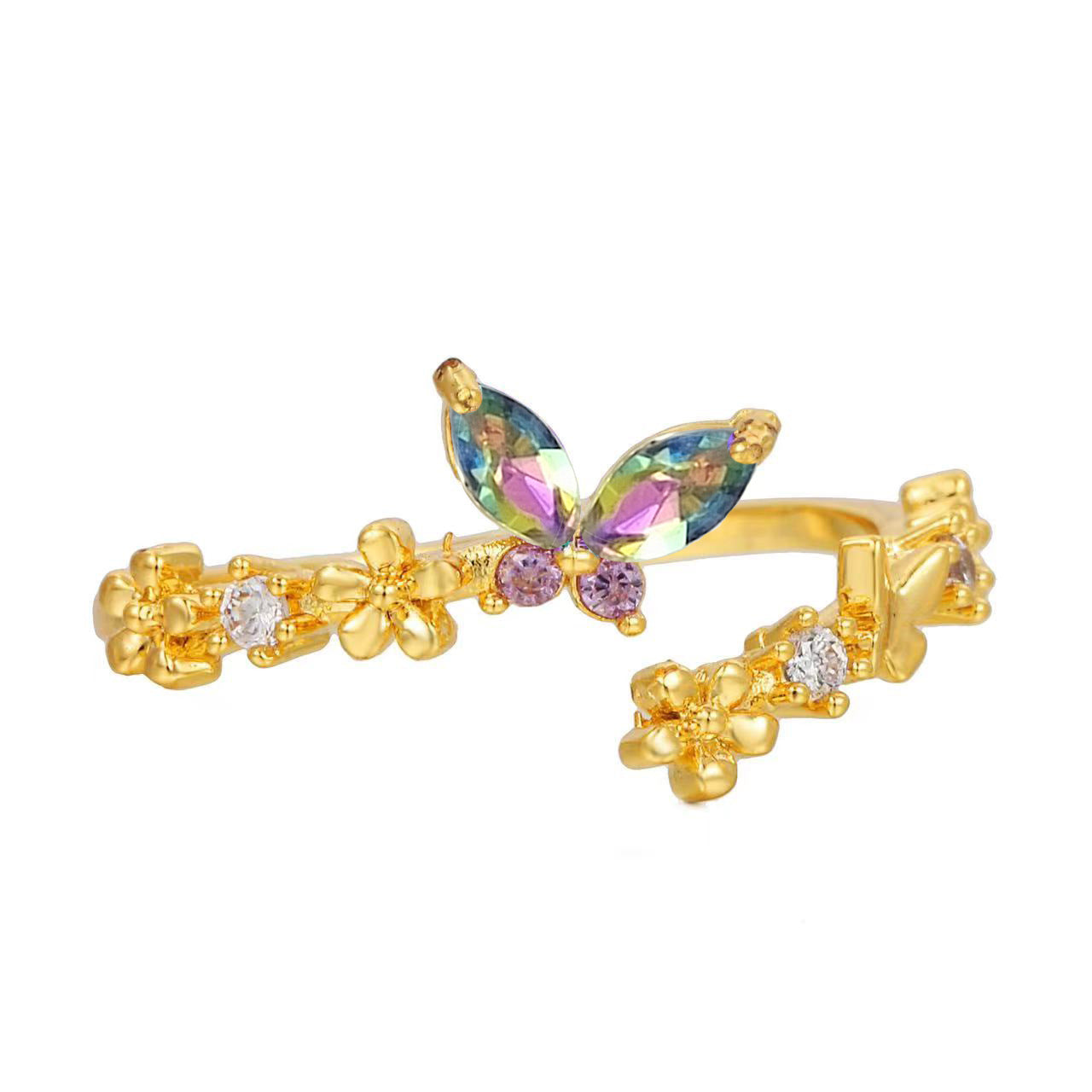 Fashion Gradient Butterfly Flower Zircon Adjustable Open Ring