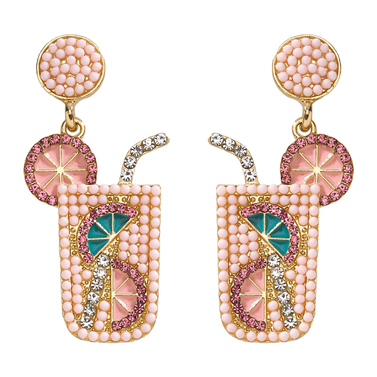 1 Pair Geometric Alloy Drop Earrings with Beaded Cocktail Glass Design