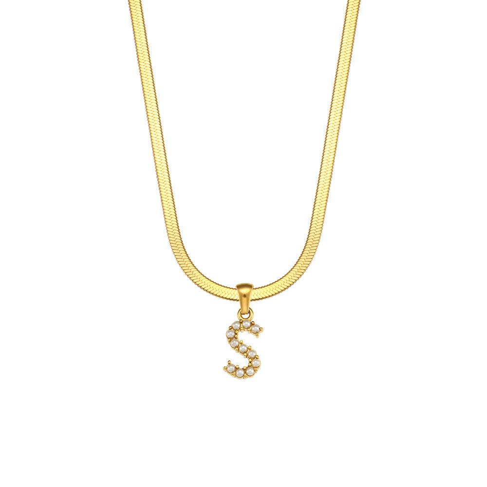 Elegant Letter Pendant Necklace with 18K Gold Plated Snake Chain and Artificial Pearls