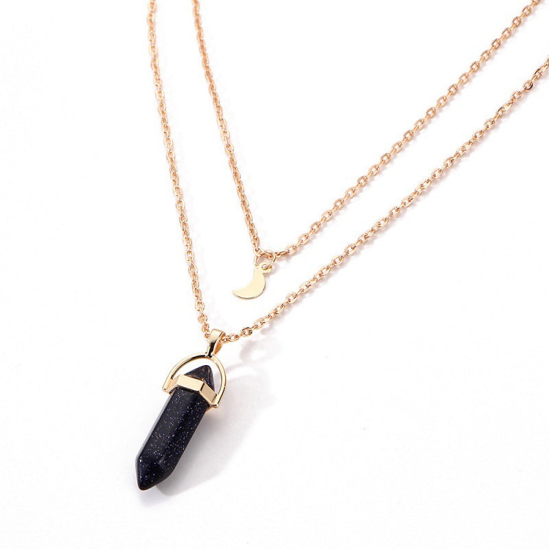 Fashion Double Layer Crescent Moon Bullet Pendant Necklace with Glass Hexagonal Column