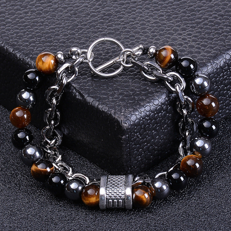 Geometric Natural Stone Lava Bead Stainless Steel Double Layer Bracelet