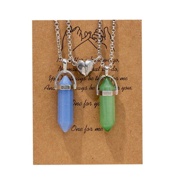 Hexagonal Crystal Quartz Pendant Necklace Set with Water Droplet Gemstone Inlay