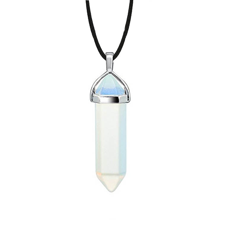 Hexagon Prism Natural Stone Leather Rope Necklace with Quartz Point Pendant