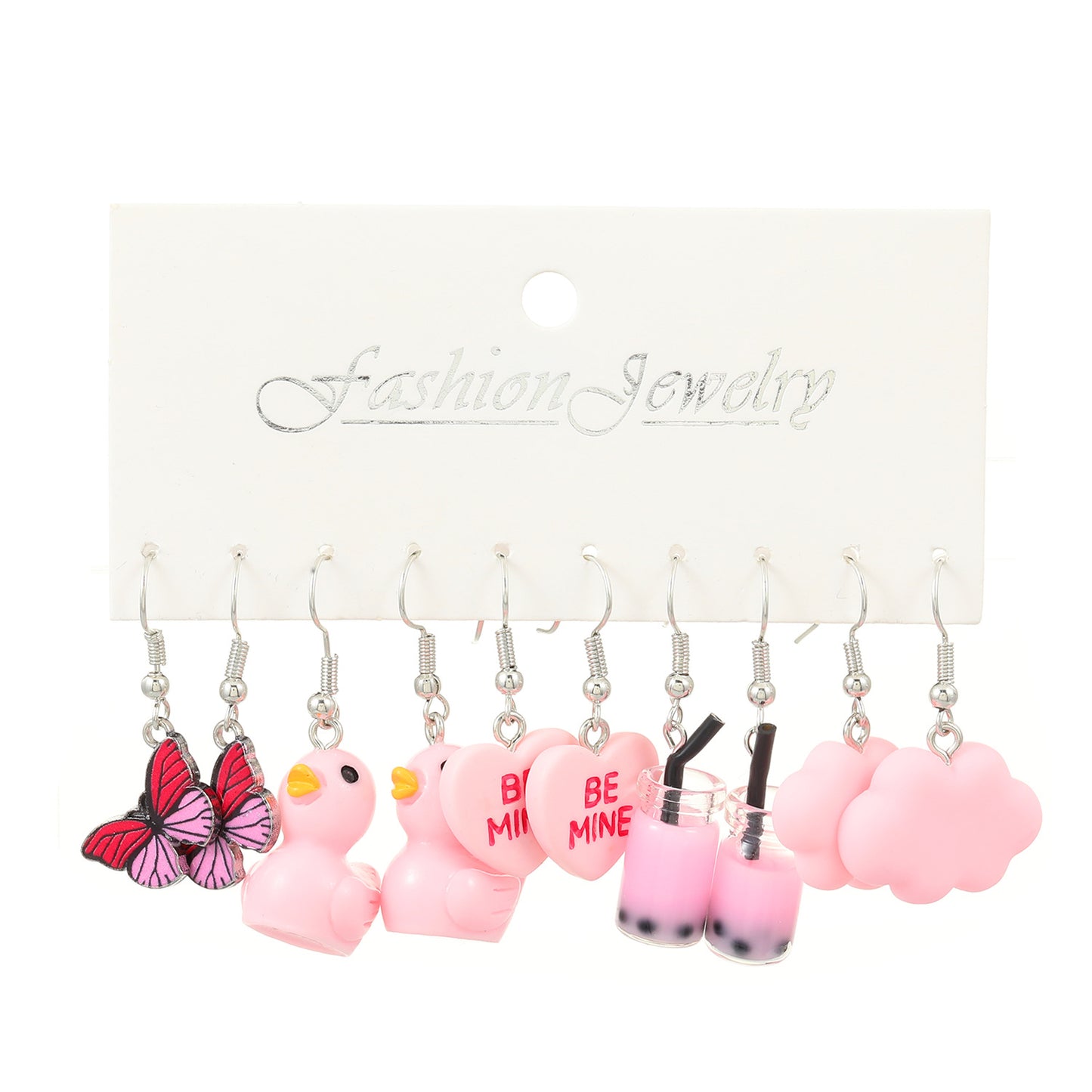 Creative Cartoon Animal Stud Earrings Set - Butterfly, Cloud, Duck, Frog, Heart (5 Pairs)