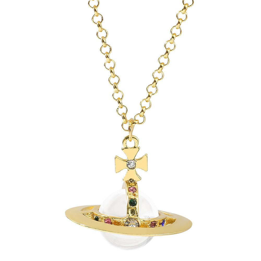 Heart Shape Alloy Pendant Necklace with Rhinestone Inlay and Glass Planet Charm