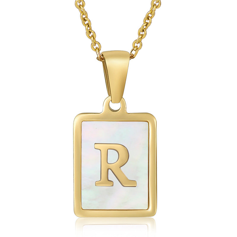 Stainless Steel Alphabet Pendant Necklace with Inlay Shell and 18K Gold Plating