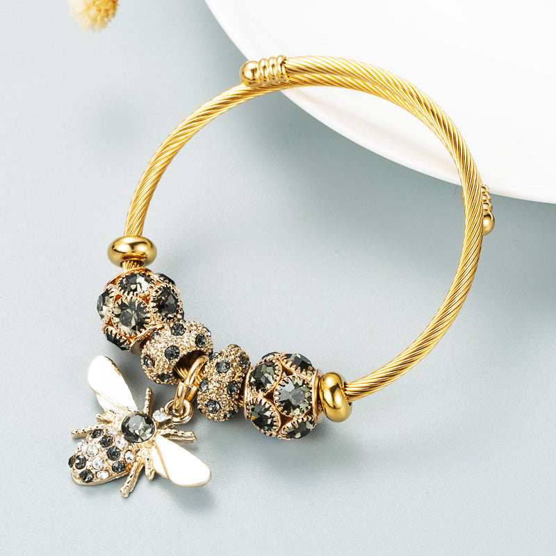 Gold Adjustable Bee Bracelet with Diamond Ball