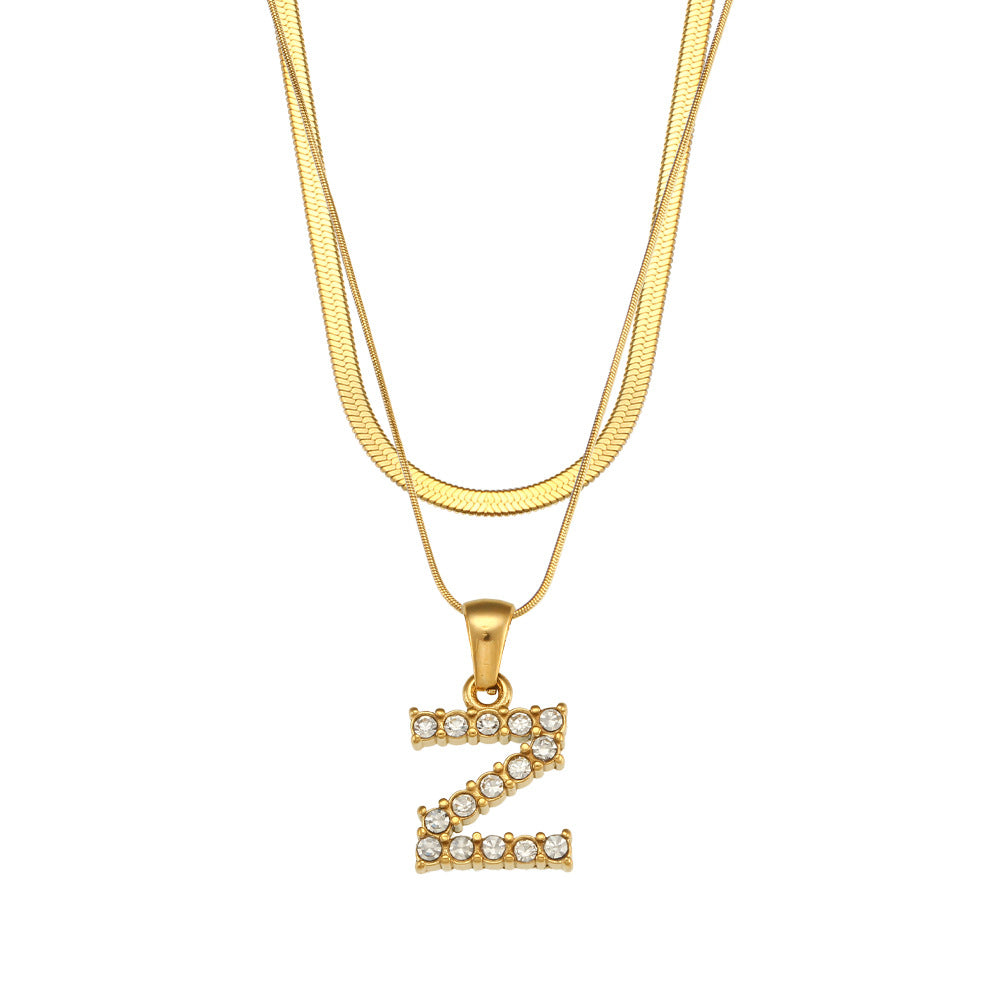 18K Gold Plated Double-Layer Zircon Letter Stainless Steel Necklace