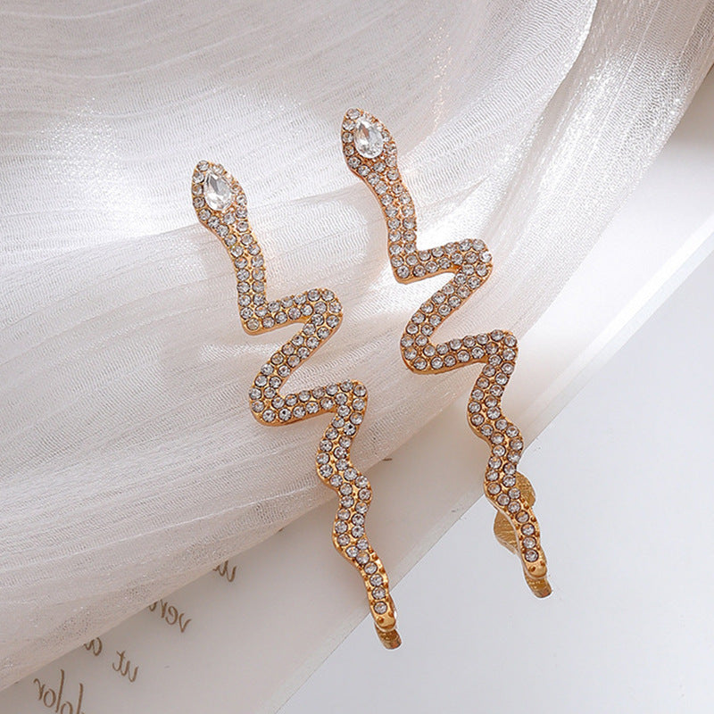 Snake-Shaped Rhinestone Statement Long Earrings