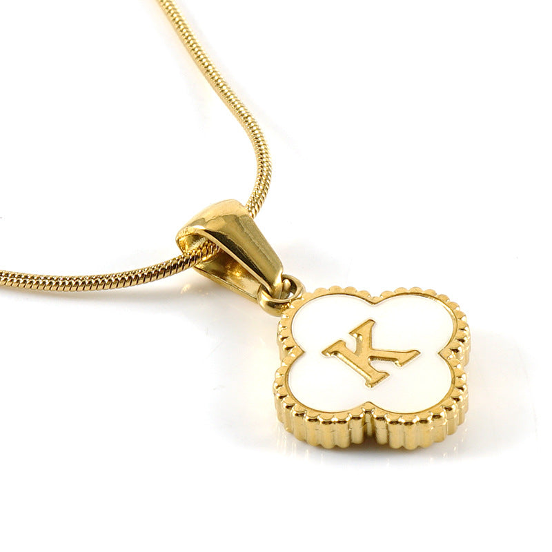 Clover Shell Letter Pendant Gold Plated Stainless Steel Snake Chain Necklace
