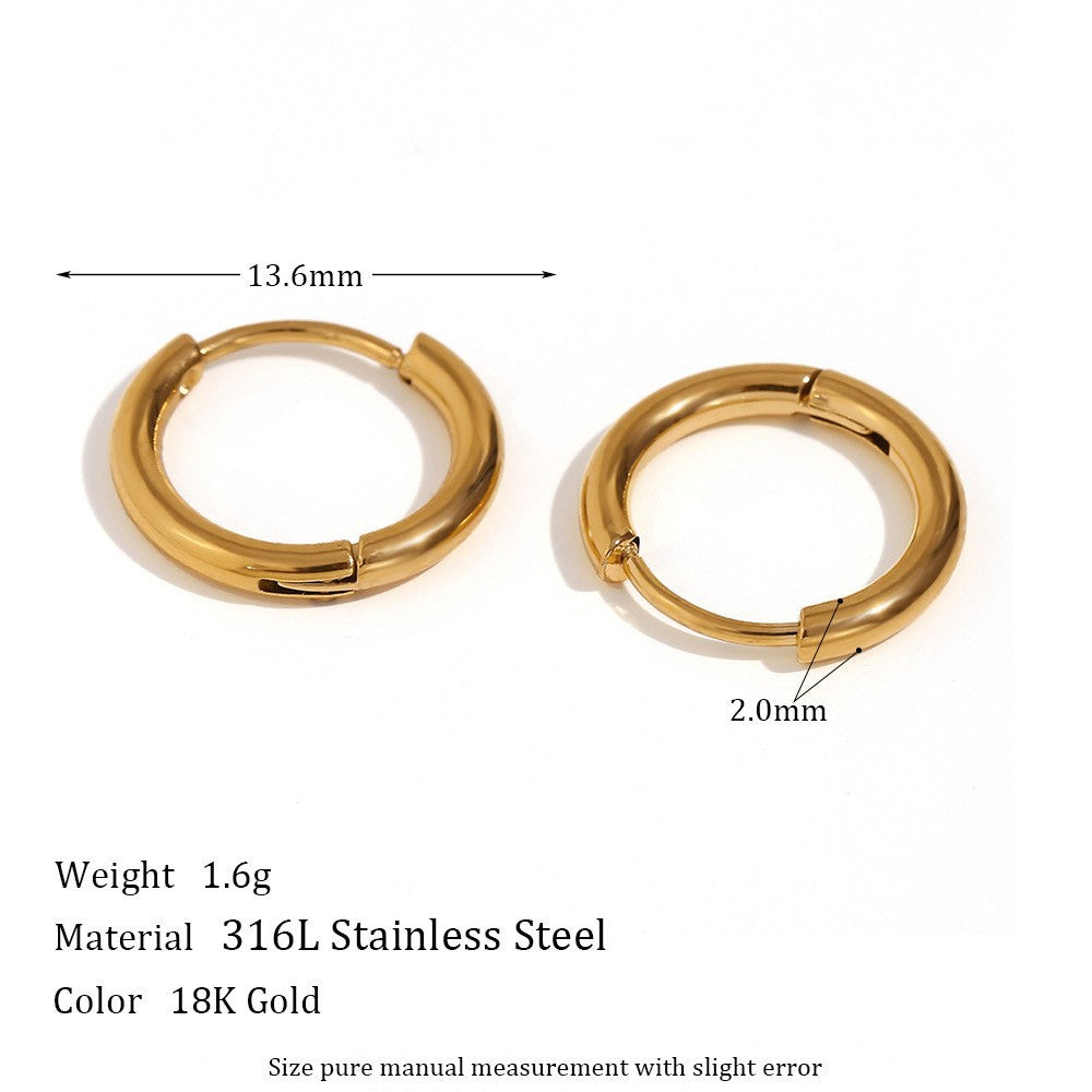1 Pair Minimalist Round 18K Gold Plated Stainless Steel Zircon Hoop Earrings