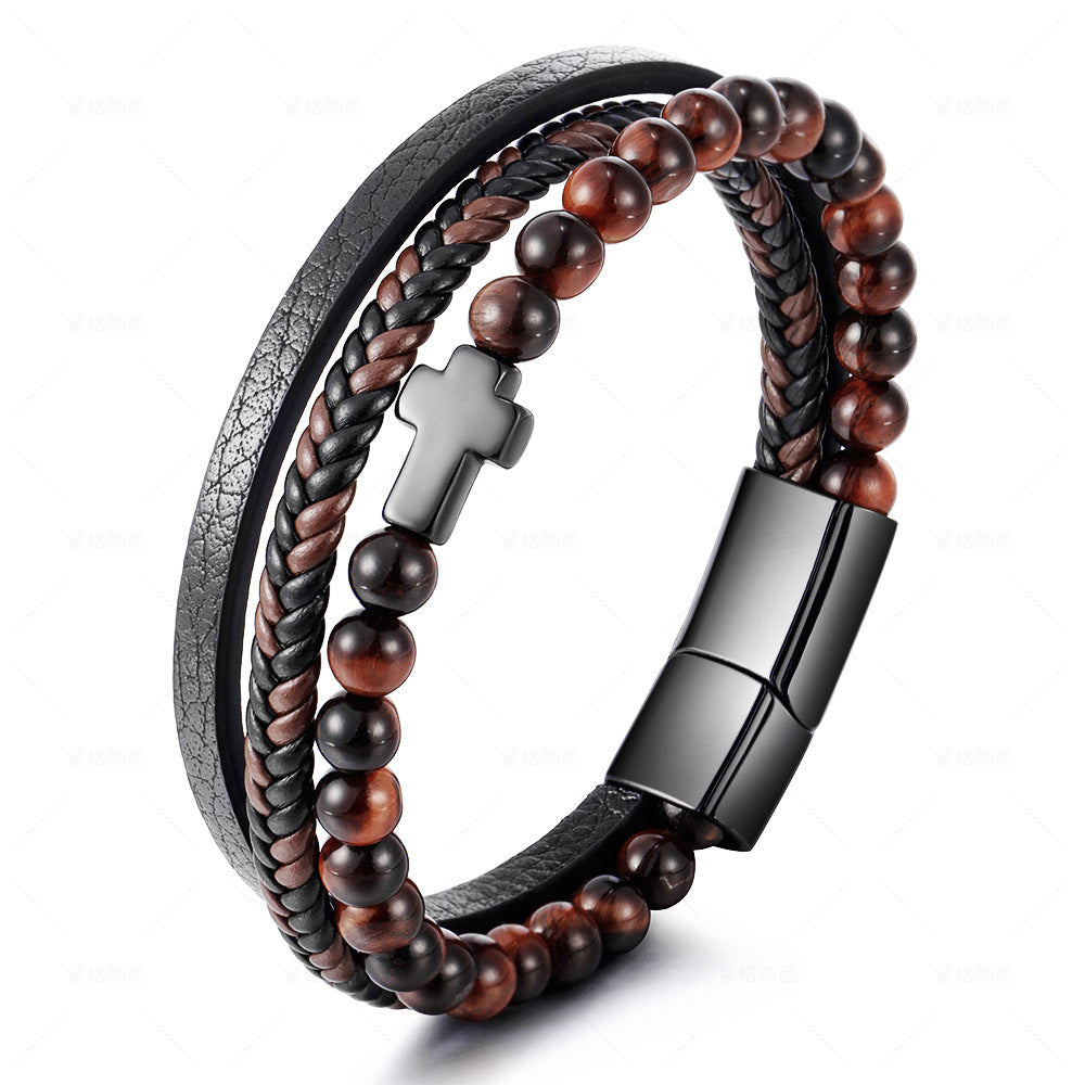 Geometric Titanium Steel Cross Layered Bracelet with Natural Tiger Eye Stone
