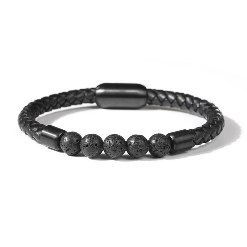 Fashion Circle PU Leather & 8mm Tiger Eye Stone Beaded Men's Bracelet with Magnetic Clasp