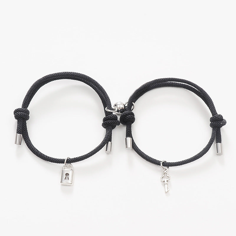 Alloy Key Lock Magnetic Couple Hand Rope Bracelet Set